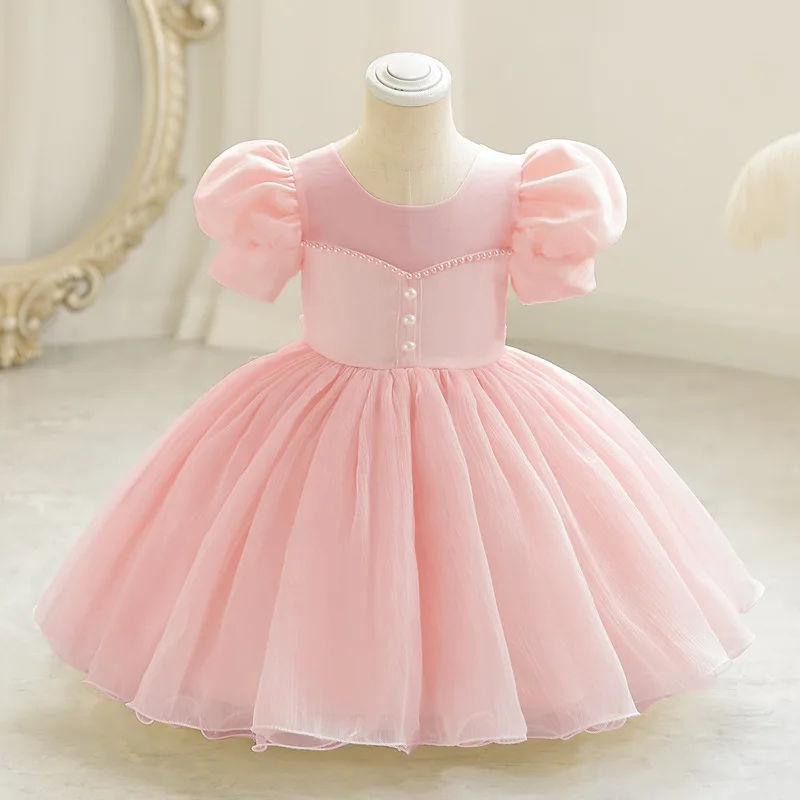 Baby Clothing Dresser - ฤดูร้อนเด็กผู้หญิงชุดลูกไม้ตาข่ายแขนสั้นเดรสสําหรับสาวแฟชั่นสีทึบเด็กสาวเจ้าหญิงชุด 1-7 ปี