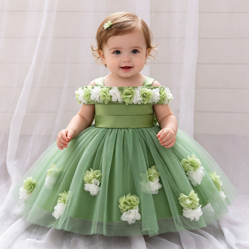 Baby Clothing Dresser - ชุดเดรสเจ้าหญิงสำหรับเด็กทารกหญิงแรกเกิด ตกแต่งดอกไม้สามมิติ แบบไหล่เดียว ผ้าตาข่าย ชุดแสดงโชว์สำหรับเด็กผู้หญิง รุ่น