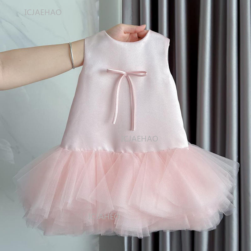 Baby Clothing Dresser - ชุดเดรสปาร์ตี้สีชมพูสำหรับเด็กผู้หญิง พร้อมเสื้อกั๊กและกระโปรงตาข่าย สำหรับงานฉลองวันเกิดครบรอบปีแรก งานประกวดเจ้าหญิง ชุดเดรสออกงานสำหรับเด็กเล็ก